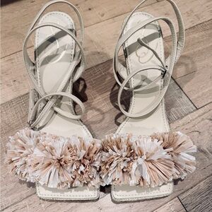 New Sam Edelman Raffia Pom Pom Sandal Heels